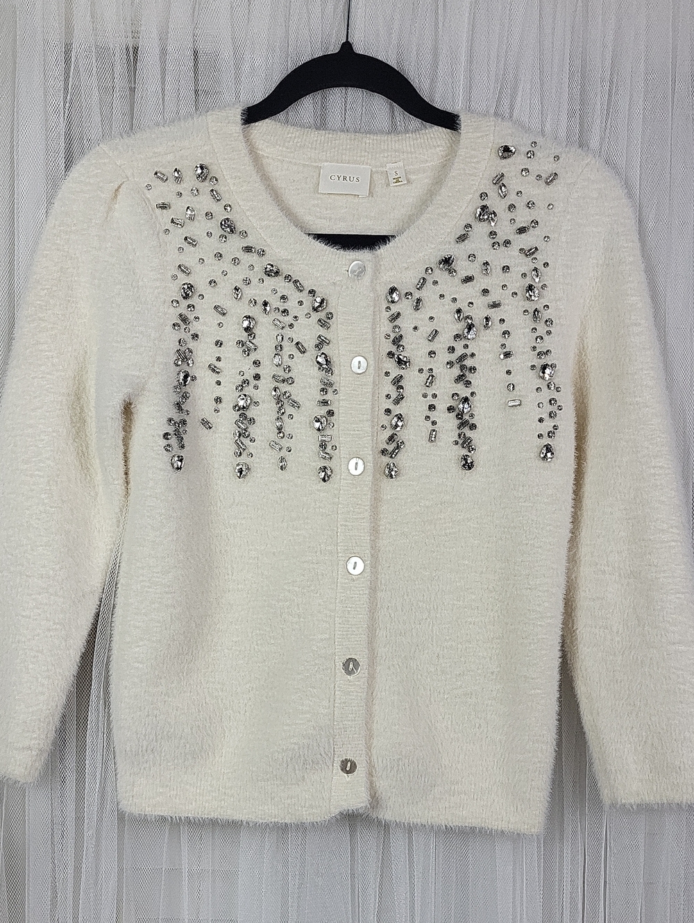 Cyrus Cream Embellished Button-Up Sweater. Size S